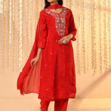Bright Red Satin Silk Floral Kurta Set