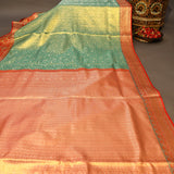Sage Green Kanjivaram Silk Saree With Red Border And Gold Zari Lotus Weave