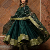 Bottle Green Silk Blend Anarkali Set With Zari Striped Border
