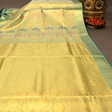 Gold Kanjivaram Silk Saree With Turquoise Contrast Border And Multicolour Bird Butti