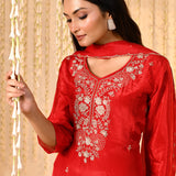 Bright Red Satin Silk Floral Kurta Set
