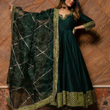 Bottle Green Silk Blend Anarkali Set With Zari Striped Border