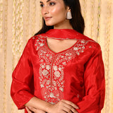 Bright Red Satin Silk Floral Kurta Set