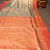 Peach Kanjivaram Silk Saree With Teal Pallu And Pink Bird Motif Border