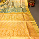 Brown Kanjivaram Silk Saree With Olive Border And Multicolour Floral Weave