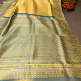 Gold Kanjivaram Silk Saree With Slate Blue Floral Foliage Border