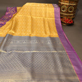 Mustard Yellow Kanjivaram Silk Saree With Purple Border And Multicolour Sunflower Weave