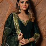 Bottle Green Silk Blend Anarkali Set With Zari Striped Border