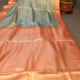 Sage Green Kanjivaram Silk Saree With Red Border And Multicolour Floral Weave