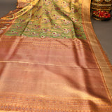 Olive Green Kanjivaram Silk Saree With Rust Border And Multicolour Lotus Weave