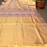 Lavender Kanjivaram Silk Saree With Gold Zari Border And Multicolour Bird Butti