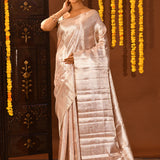 Rose Gold With Minimal Tone-On-Tone Zari Weave On Kanjivaram Silk Saree