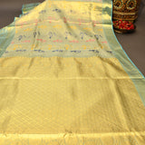 Gold Kanjivaram Silk Saree With Turquoise Border And Multicolour Bird Butti