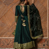 Bottle Green Silk Blend Anarkali Set With Zari Striped Border