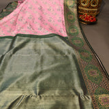 Kanjivaram Silk Saree In Rose Pink With Green Floral Buttas And Contrast Dark Green Gold Zari Medallion Border