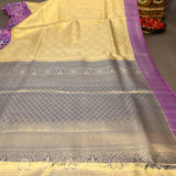 Pale Yellow Kanjivaram Silk Saree With Purple Border And Multicolour Sunflower Weave