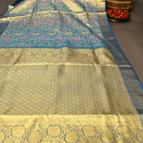 Steel Grey Kanjivaram Silk Saree With Blue Border And Multicolour Bird Butti