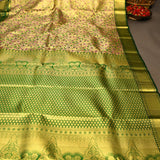 Golden Beige Kanjivaram Silk Saree With Bottle Green Woven Border And Pink Floral Jaal