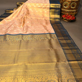 Peach Kanjivaram Silk Saree With Navy Blue Woven Peacock Border