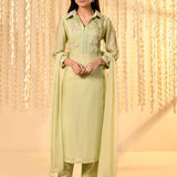 Pastel Green Embroidered Mul Chanderi Kurta Set