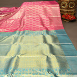 Sky Blue Kanjivaram Silk Saree With Rani Pink Zari Border