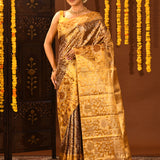 Yellow And Brown Kanchipuram Silk Saree With Rich Floral Zari Weave