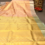 Peach Kanjivaram Silk Saree With Silver Border And Tonal Floral Weave