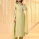 Pastel Green Embroidered Mul Chanderi Kurta Set