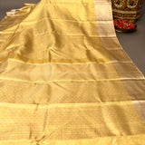 Mustard Yellow Kanjivaram Silk Saree With Antique Gold Border And Tonal Floral Weave