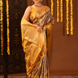 Yellow And Brown Kanchipuram Silk Saree With Rich Floral Zari Weave