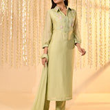 Pastel Green Embroidered Mul Chanderi Kurta Set