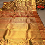 Maroon Kanjivaram Silk Saree With Olive Floral Motifs And Gold Zari Border