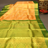 Pure Kanjivaram Silk Saree — Mango Yellow With Bottle Green Contrast Border & Dual-Tone Gold Zari Pallu