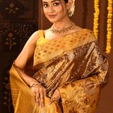 Yellow And Brown Kanchipuram Silk Saree With Rich Floral Zari Weave