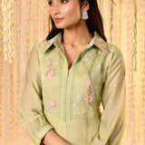 Pastel Green Embroidered Mul Chanderi Kurta Set