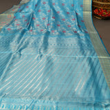 Teal Blue Kanjivaram Silk Saree With Self Border And Multicolour Rose Weave
