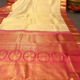 Timeless Cream And Rani Pink Kanjivaram Silk Saree With Gold Zari Motifs