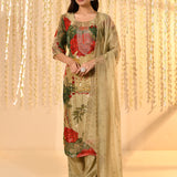 Dusty Green Floral Printed Tissue Kurta Set