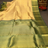Pure Kanjivaram Silk Saree — Sandal Gold With Teal Zari Border & Peacock Pallu