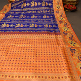 Navy Blue Kanjivaram Silk Saree With Orange Border And Multicolour Floral Paisley Weave