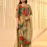 Dusty Green Floral Printed Tissue Kurta Set