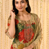 Dusty Green Floral Printed Tissue Kurta Set