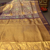 Gold Kanjivaram Silk Saree With Navy Blue Contrast Border And Multicolour Floral Medallion Weave