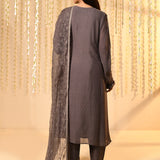 Dark Grey Floral Mul Chanderi Anarkali Set