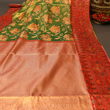 Green Kanjivaram Silk Saree With Multicolour Shikargah Red Border