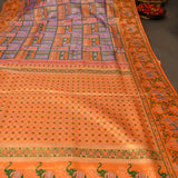 Orange Kanjivaram Silk Saree With Multicolour Elephant And Floral Shikargah Weave