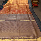 Rust Orange Kanjivaram Silk Saree With Teal Border And Multicolour Sunflower Weave