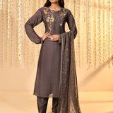Dark Grey Floral Mul Chanderi Anarkali Set