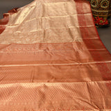 Radiant Beige & Deep Red Handwoven Kanjivaram Silk Saree With Grand Floral Zari Weave
