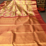 Beige Kanjivaram Silk Saree With Multicolor Floral Pallu And Pink Zari Border